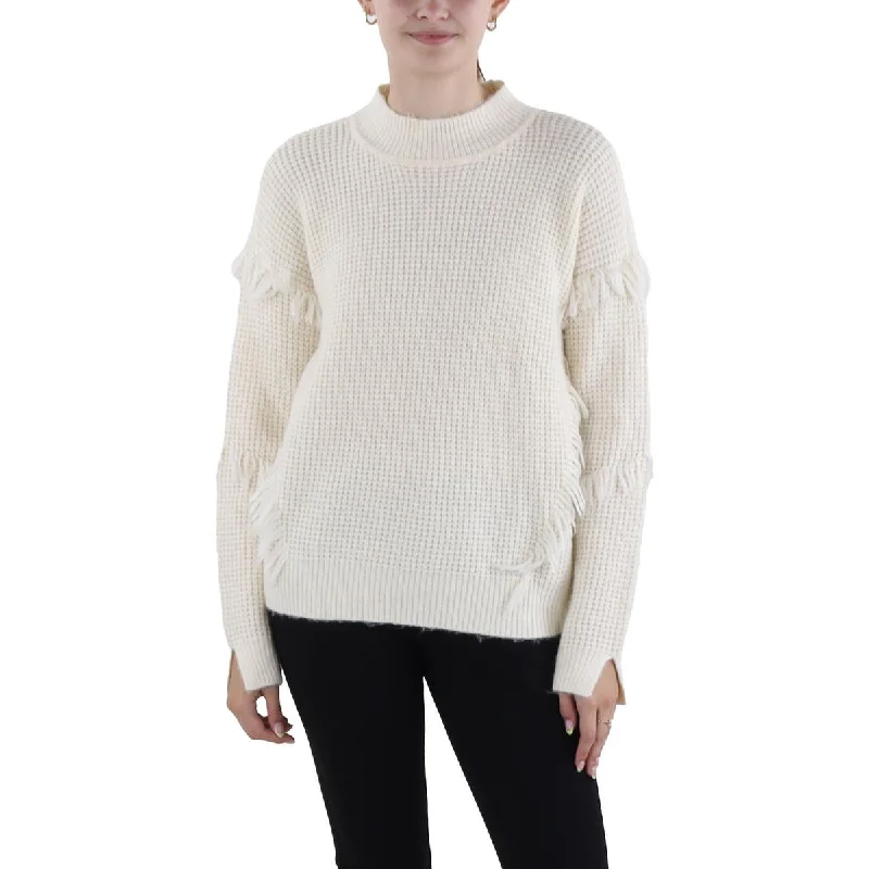 Womens Fringe Pullover Mock Turtleneck Sweater Transparent Opaque Sheer