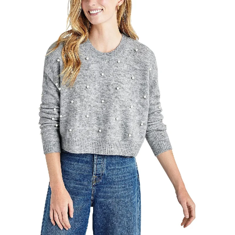 Womens Wool Blend Embellished Crewneck Sweater Embroidered Appliqued Beaded