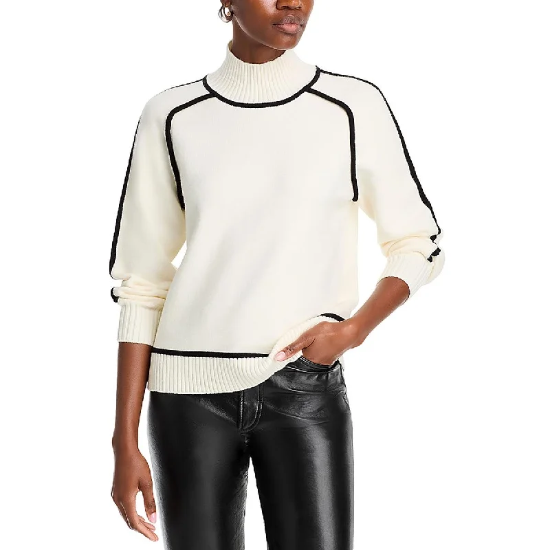 Womens Knit Contrast Trim Mock Turtleneck Sweater Chenille Brocade Lace
