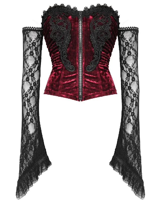 Dark In Love Romantic Gothic Vampire Velvet & Lace Blouse Top - Red & Black Peter Pan Blouse