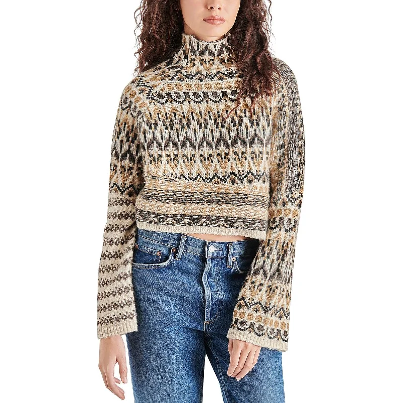 Indie Womens Wool Blend Fair Isle Mock Turtleneck Sweater Glossy Satin Silk