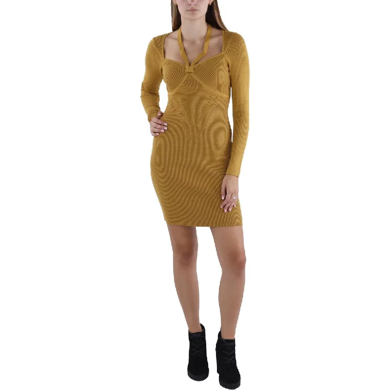 Womens Ribbed Above Knee Sweaterdress Print Jacquard Patchwork