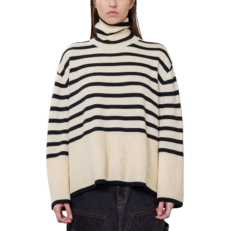 Womens Striped Ribbed Trim Turtleneck Sweater Elasticated Padded Insulated