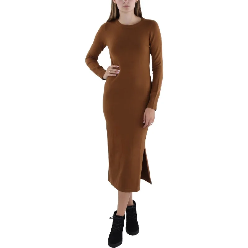 Womens Ribbed Trim Mid Calf Sweaterdress Mesh Sweater Canvas Denim