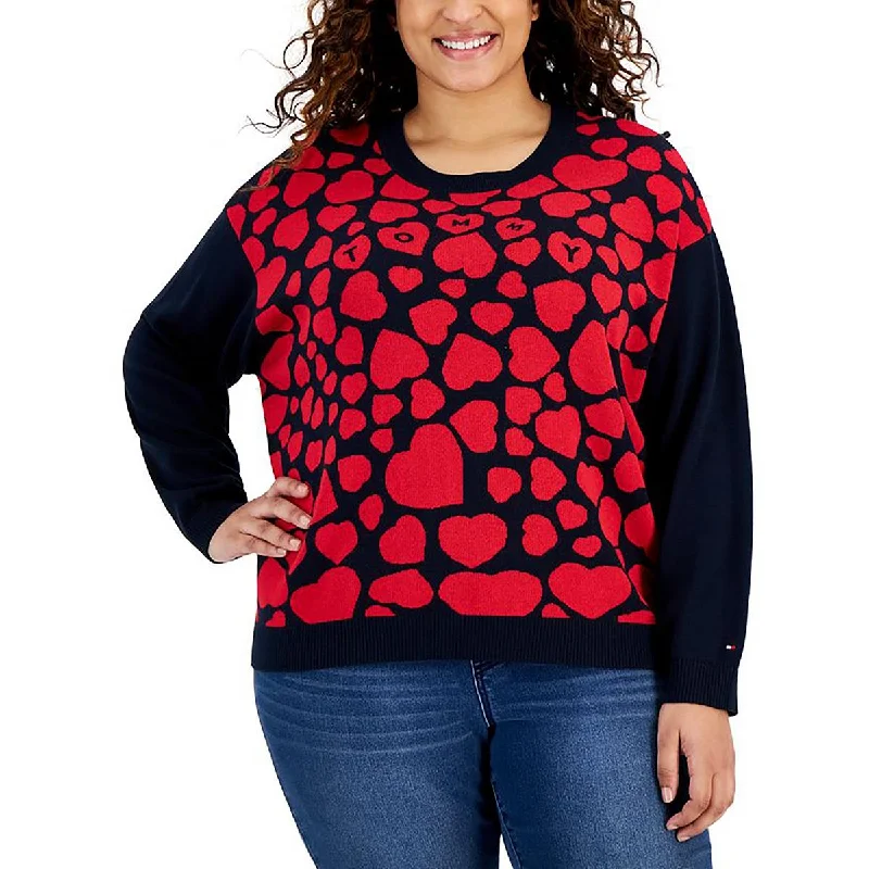 Plus Womens Printed Long Sleeve Crewneck Sweater Ribbed Striped Patterned