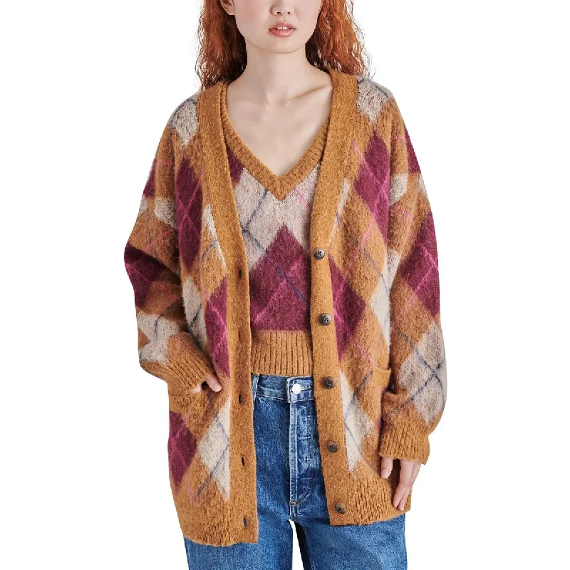 Lexie Womens Wool Blend Argyle Cardigan Sweater Stylish Fashionable Trendy