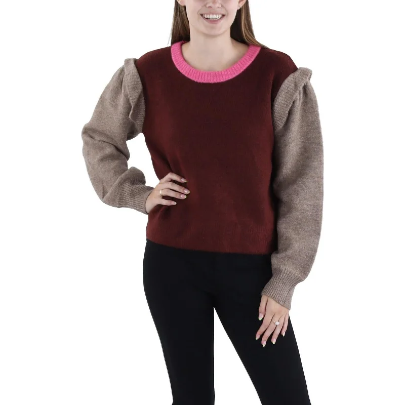 Colorblock Womens Ribbed Mock Neck Pullover Sweater Satin Blend Silk Blend Wool Blend