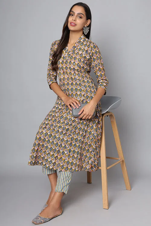 Shuddhi Olive Green And Blue Kurta And Pant Set Casual Track Pants