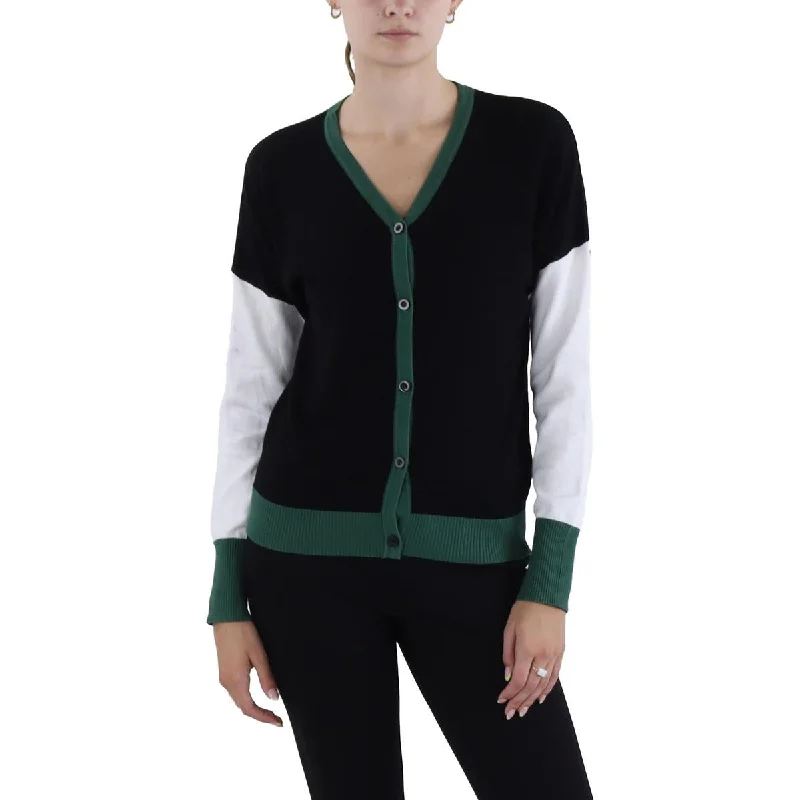 Womens Contrast Trim Colorblock Cardigan Sweater Soft Cozy Warm