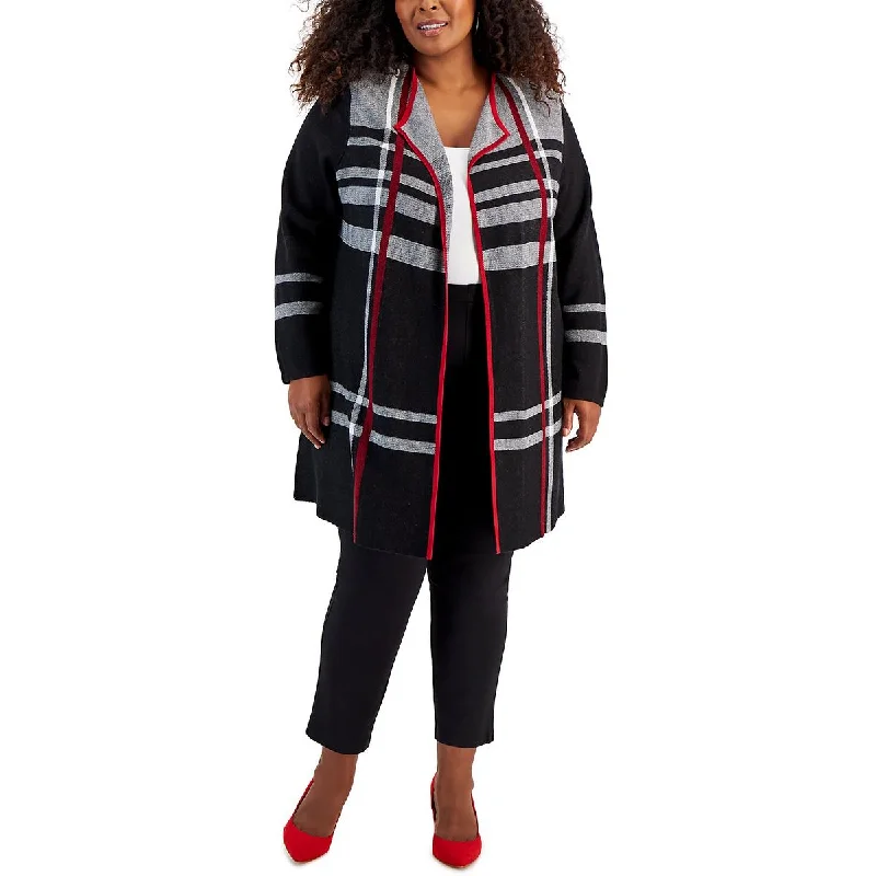 Plus Womens Checkered Cotton Cardigan Sweater Anti-Pilling Anti-Shrink Durable