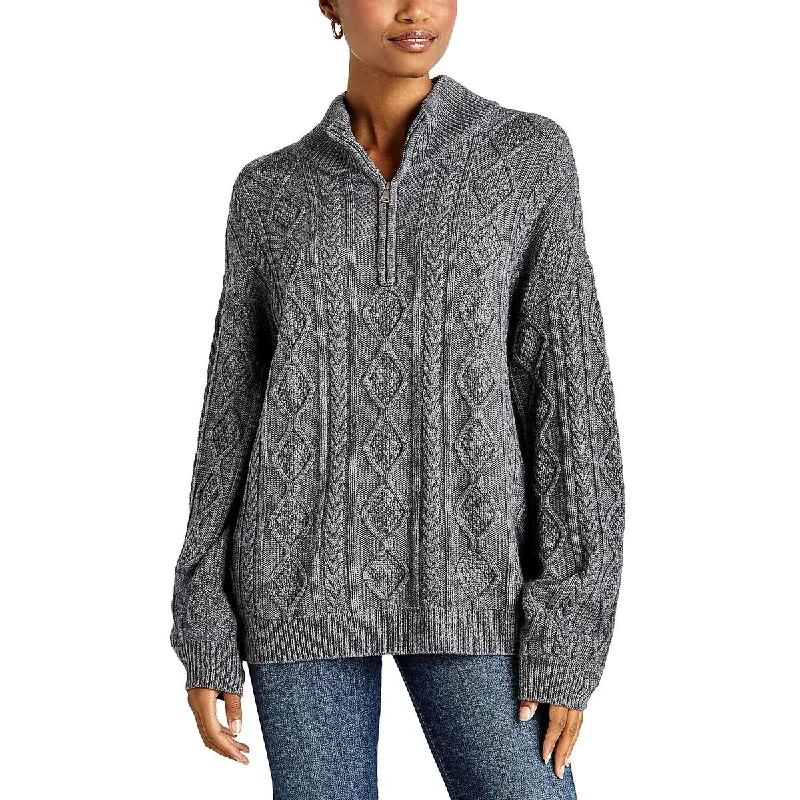 Dakota Womens Cable Knit 1/4 Zip Pullover Sweater Silk Blend Satin Velvet