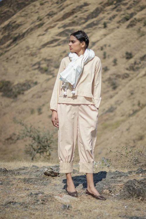 Beige Cuff Pants with Cutwork Embroidery Hem Comfortable Jogging Pants