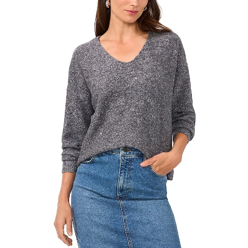 Womens Knit Sequined Pullover Sweater Mesh Sweater Canvas Denim