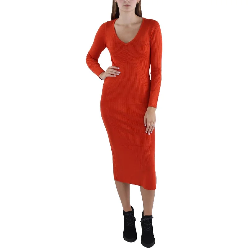Womens Ribbed Mid Calf Sweaterdress Solid Color Striped Floral Print