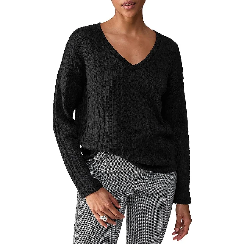Womens Cable Knit Long Sleeve V-Neck Sweater Bright Pastel Dark