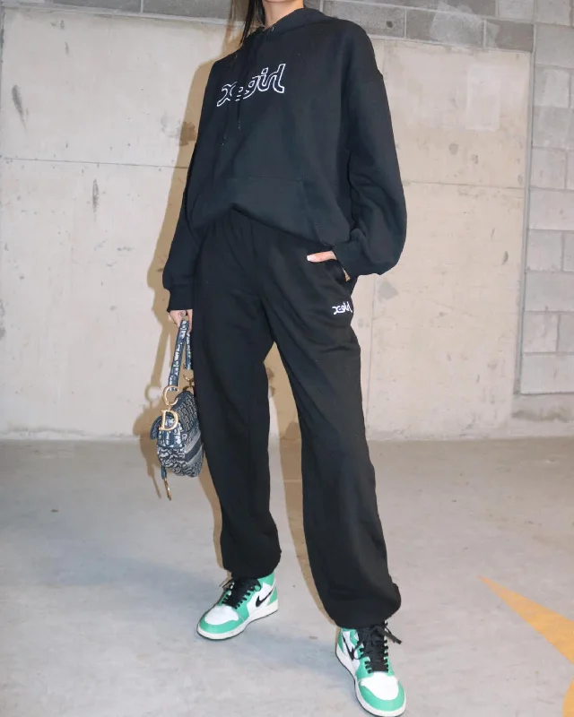 X-Girl Women's Mills Logo Track Pants Black Trendy High-Waist Trousers