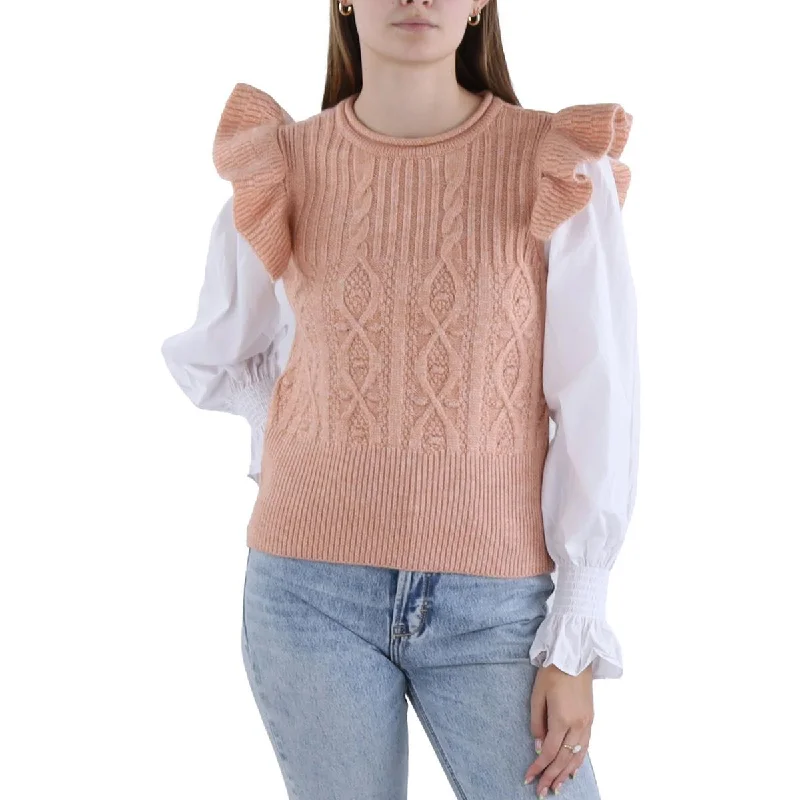 Womens Layered Ruffled Pullover Sweater Denim Fabric Leather Fabric Suede Fabric