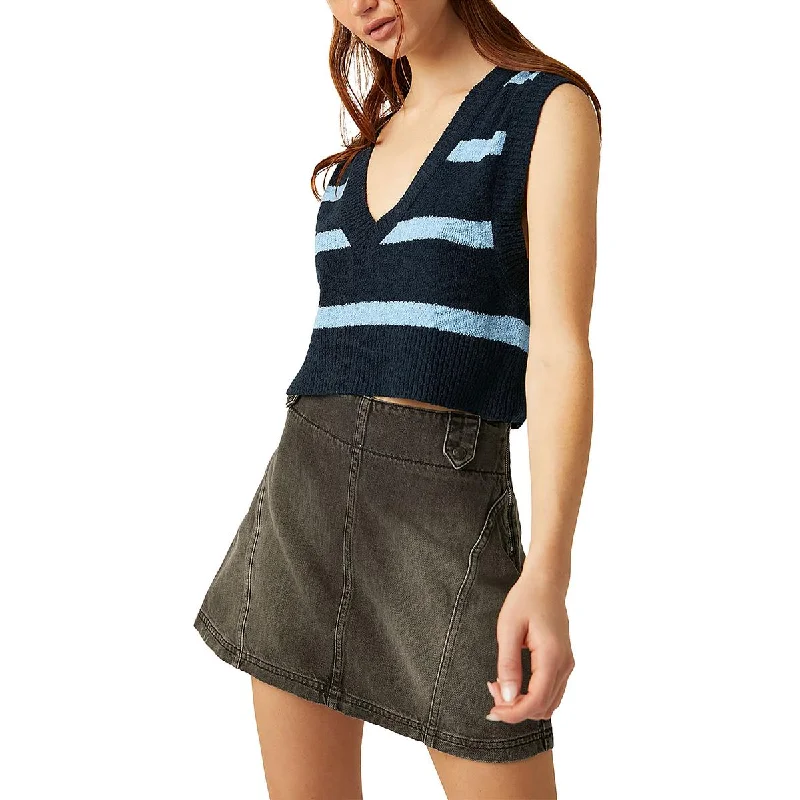 Santa Monica Womens V Neck Striped Crop Sweater Chenille Brocade Lace