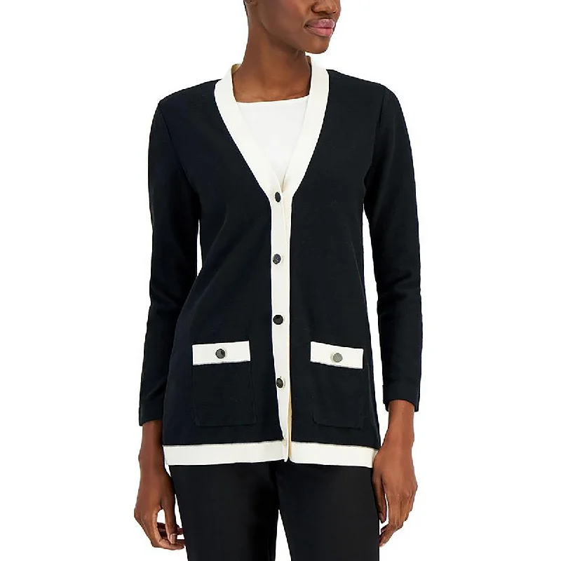 Petites Womens Knit Contrast Cardigan Sweater Nylon Fabric Polyester Fabric Spandex Fabric