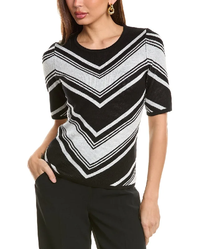 T Tahari Elbow-Sleeve Mitered Chevron Sweater Zippered Front Buttoned Front Snap Front