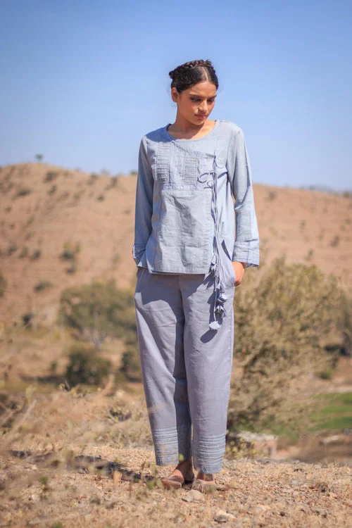 Grey Straight Pants with Hem Embroidery Panel Classic Stretch Pants