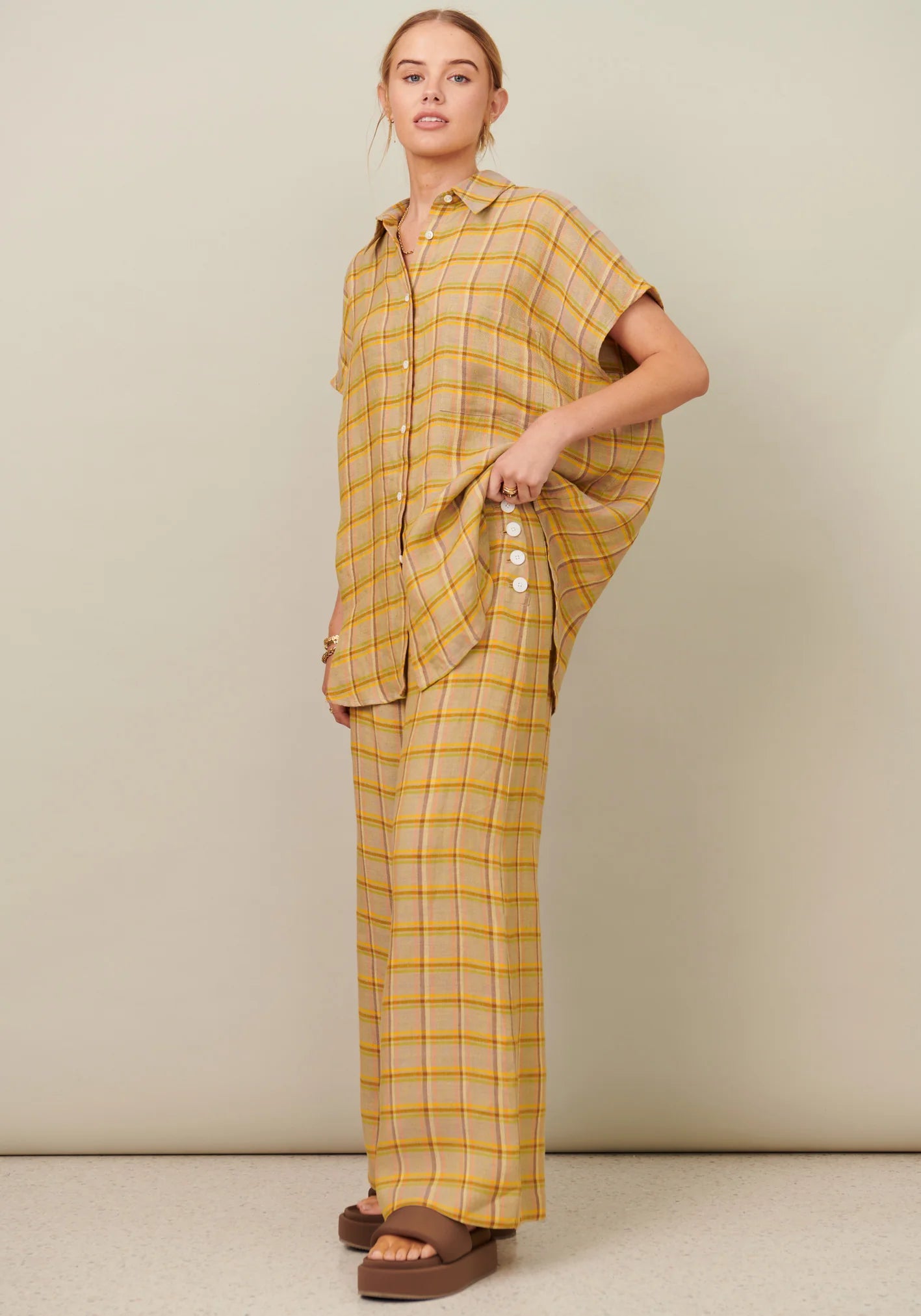 POL Clothing Amara Side Button Pant in Amara Check Formal Wide-Leg Pants