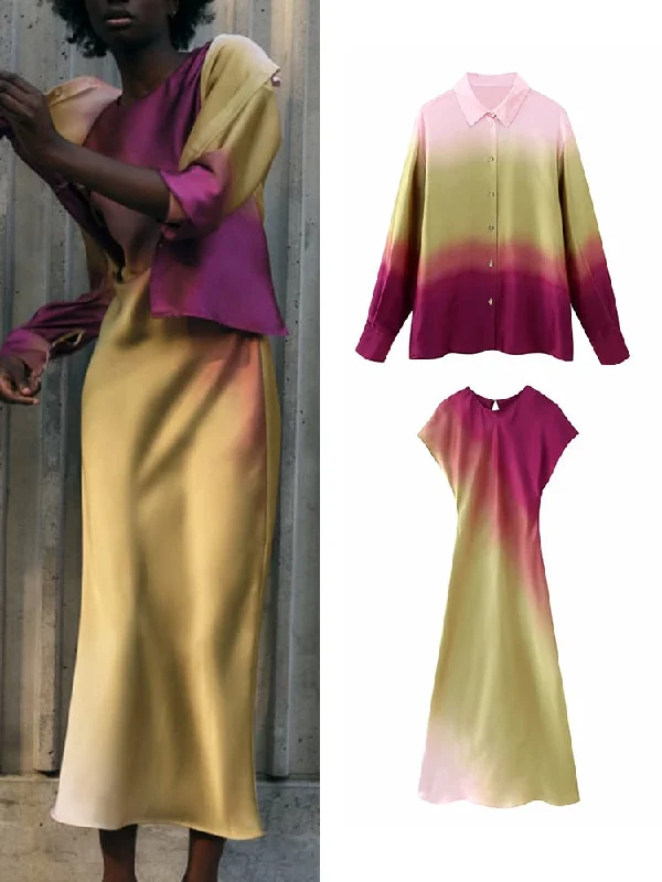 ASHORE SHOP Summer Women Fashion Tie-Dyed Shirts And Dress 2023 Long Sleeve Single Breasted Blouse Sleeveless Dress Casual Outwear Feminine Satin Blouse