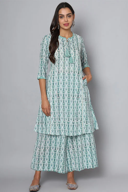 Shuddhi Green And White Kurta And Pant Formal Slim Pants