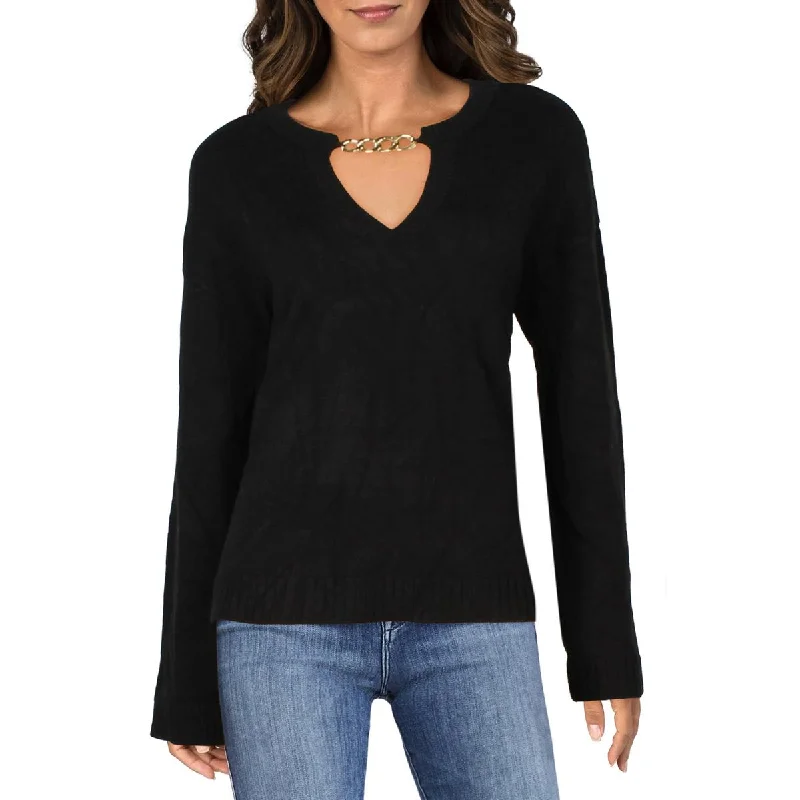 Womens Keyhole Neck Chain Pullover Sweater Boat Neck Shawl Collar Notched Collar