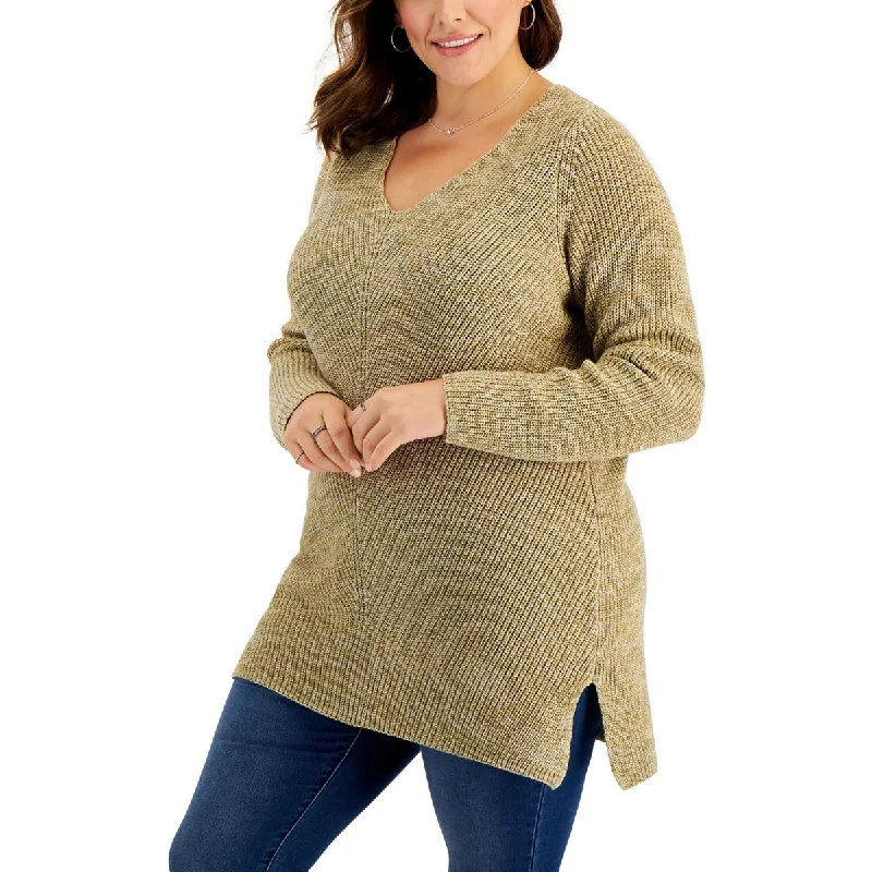 Plus Womens Knitted V Neck Pullover Sweater Modern Contemporary Chic