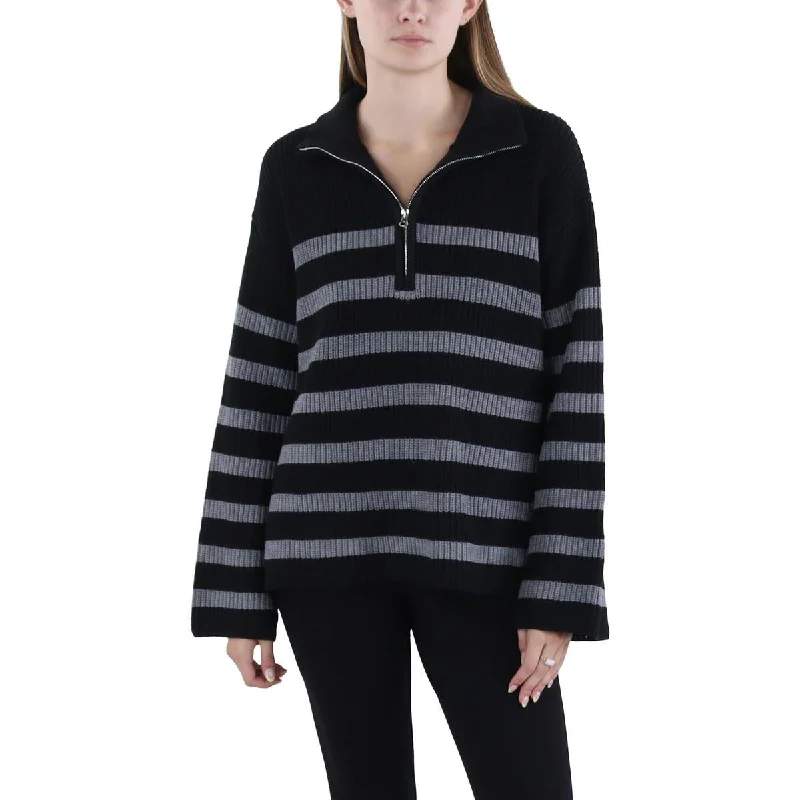 Womens Half Zip Crochet Pullover Sweater Ribbed Striped Patterned