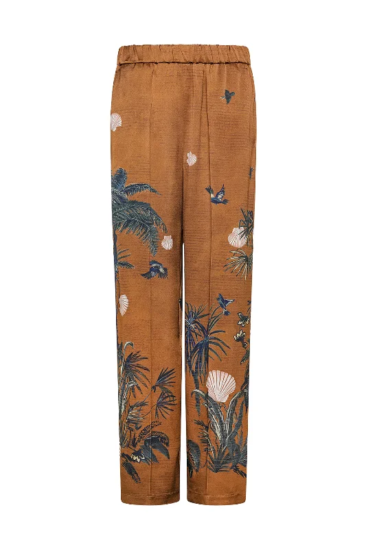 Brown Forest Print Pants Trendy Wide-Legged Trousers