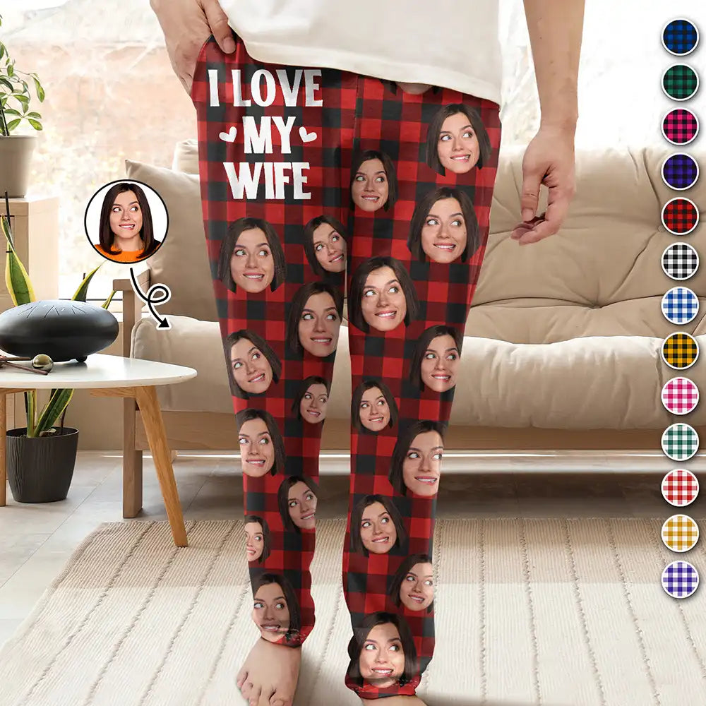 Custom Photo I Love My Wife Husband Girlfriend Boyfriend Plaid Pattern - Personalized Pajama Pants Stylish Paperbag Waist Pants