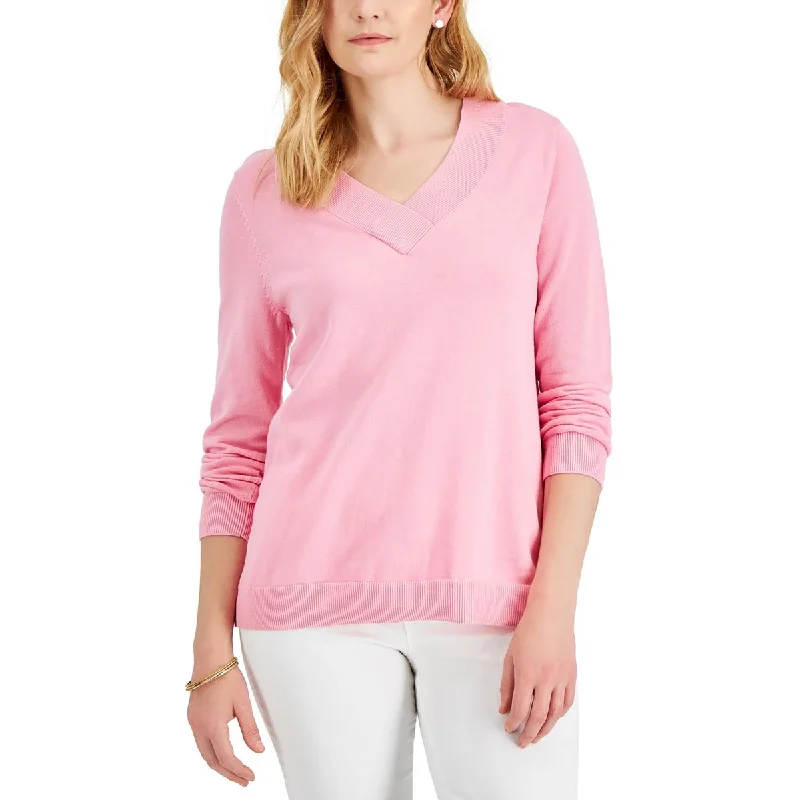 Womens Ribbed Trim Pullover V-Neck Sweater Seamless Knitted Crochet