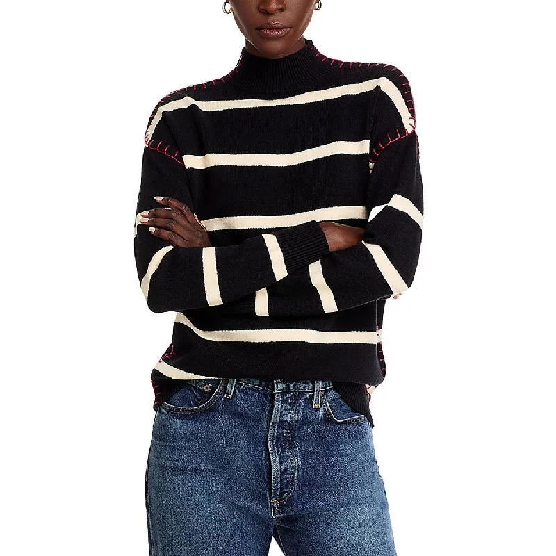 Womens Striped Ribbed Trim Mock Turtleneck Sweater Cable Knit Ribbed Knit Lace Knit