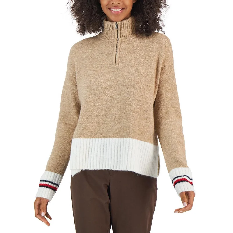 Womens Half-Zip Colorblock Mock Turtleneck Sweater Mesh Sweater Canvas Denim