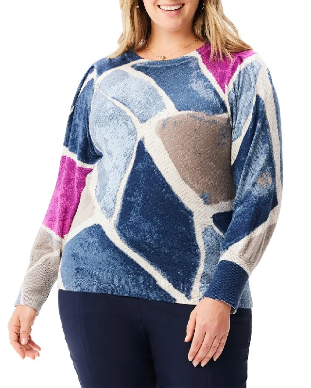 Nic+Zoe Plus Printed Tiles Femme Sleeve Sweater Fitted Loose Oversized