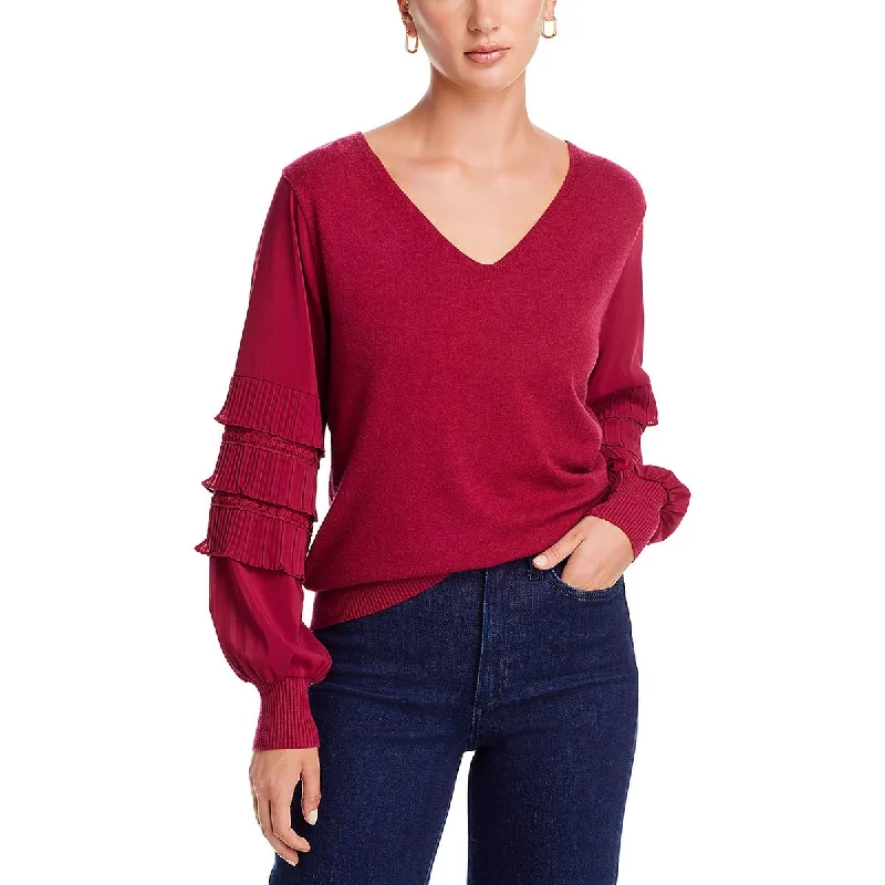Womens Mixed Media V-Neck Pullover Sweater Boxy Sweater Fitted Sweater A-Line