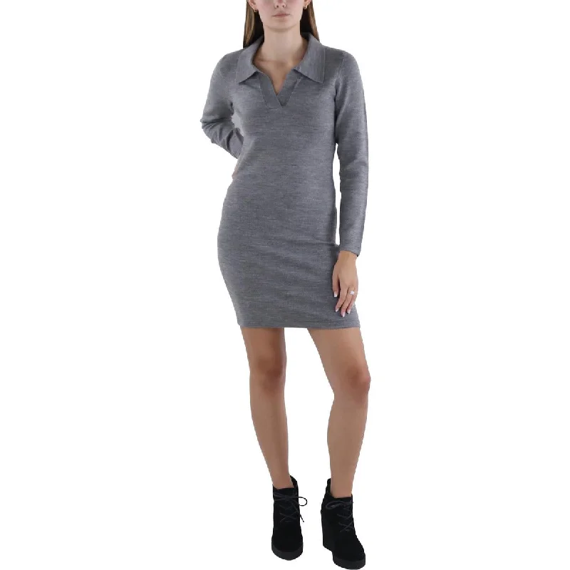 Womens Above Knee Collared Sweaterdress Open Front Closed Front Wrap Front