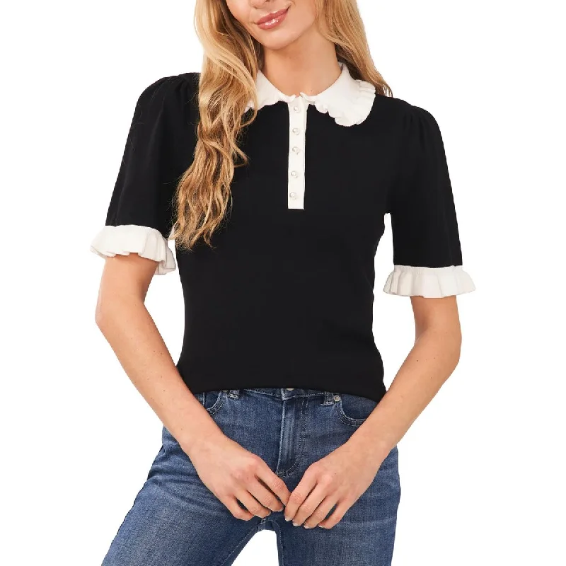 Womens Button Front Collar Pullover Sweater Ribbed Striped Patterned