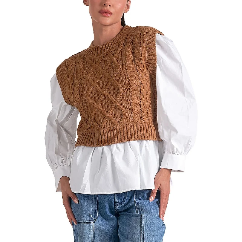 Womens Cable Knit Layered Pullover Sweater Satin Fabric Silk Fabric Chiffon Fabric