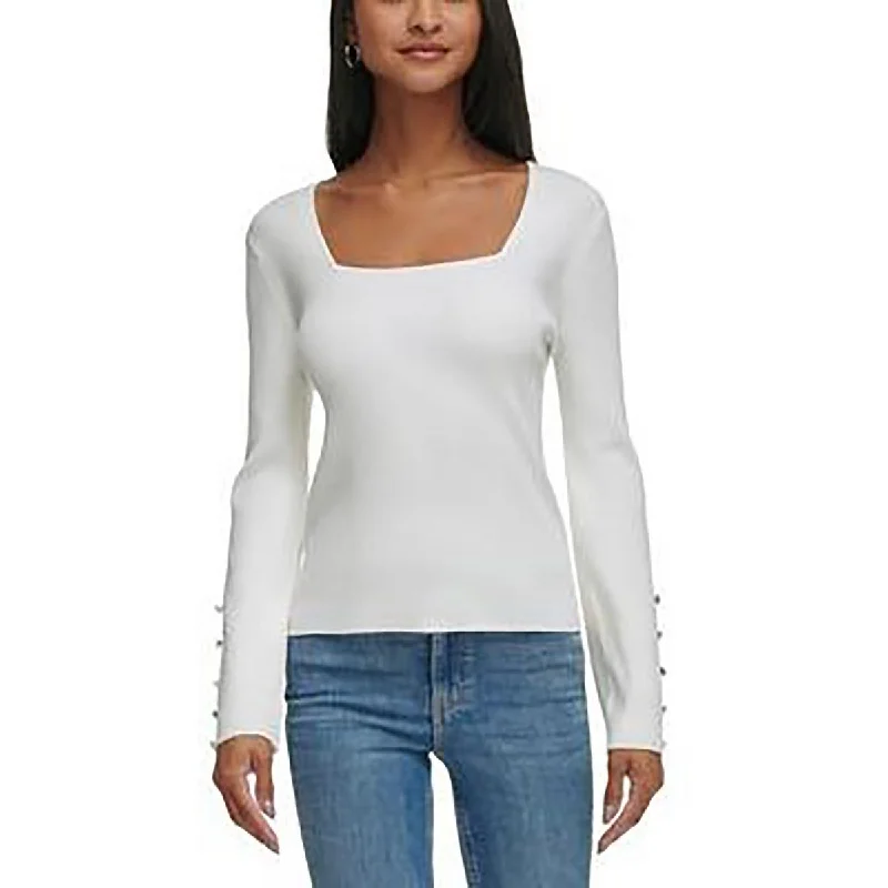 Womens Square Neck Button Trim Pullover Sweater Stretchy Elastic Breathable