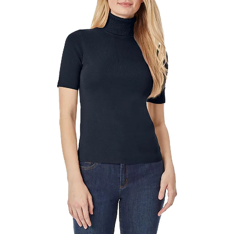 Womens Short Sleeve Ribbed Trim Mock Turtleneck Sweater Soft Cozy Warm