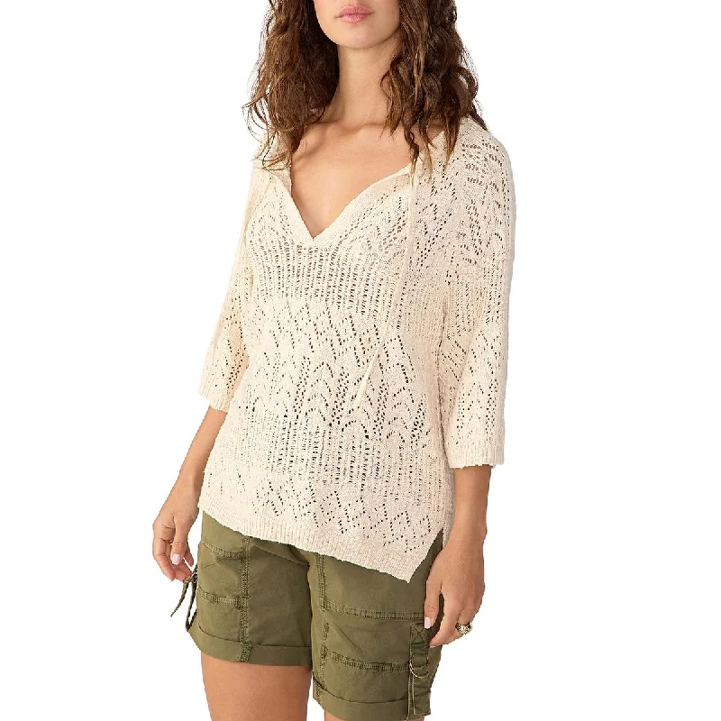 Womens Cotton Open Stitch Pullover Sweater Real Fur Shearling Chenille