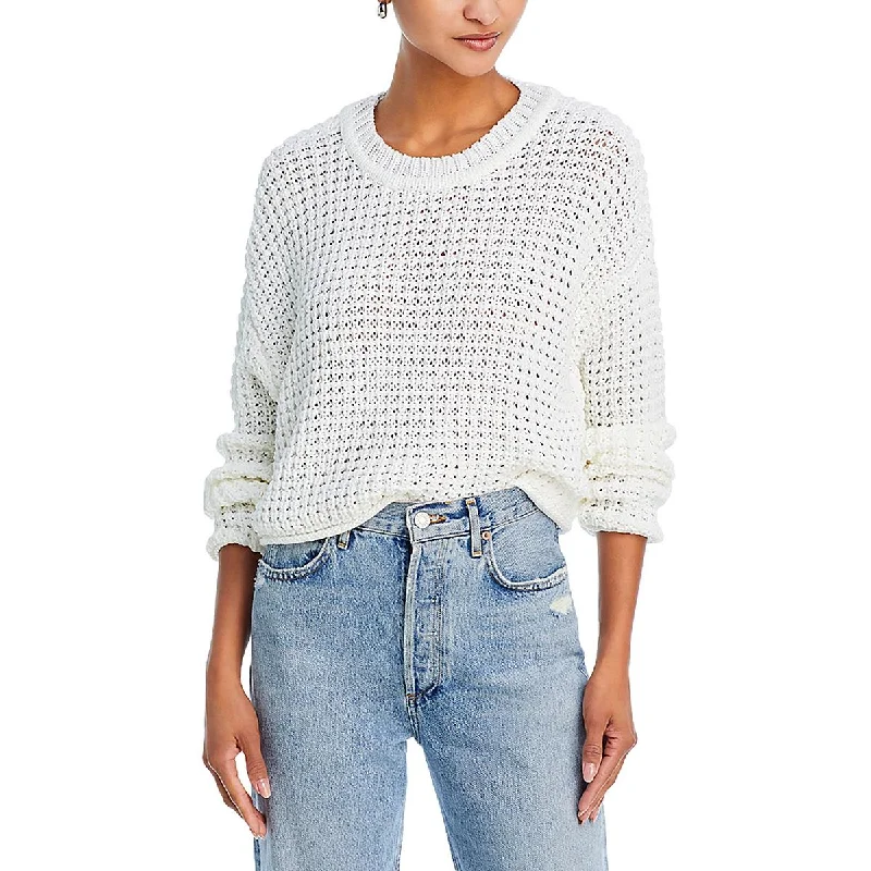 Womens Waffle Knit Crewneck Crop Sweater Beaded Sweater Sequined Faux Fur
