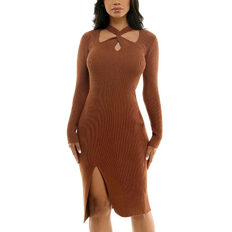 Juniors Womens Sweater Dress Twisted Cut Out Neck Sweaterdress Spandex Blend Rayon Blend Denim Blend