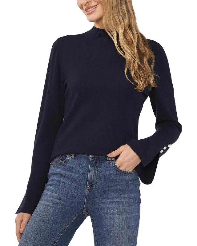 Cece Pearl Split Cuff Mock Neck Sweater Velvet Chenille Corduroy