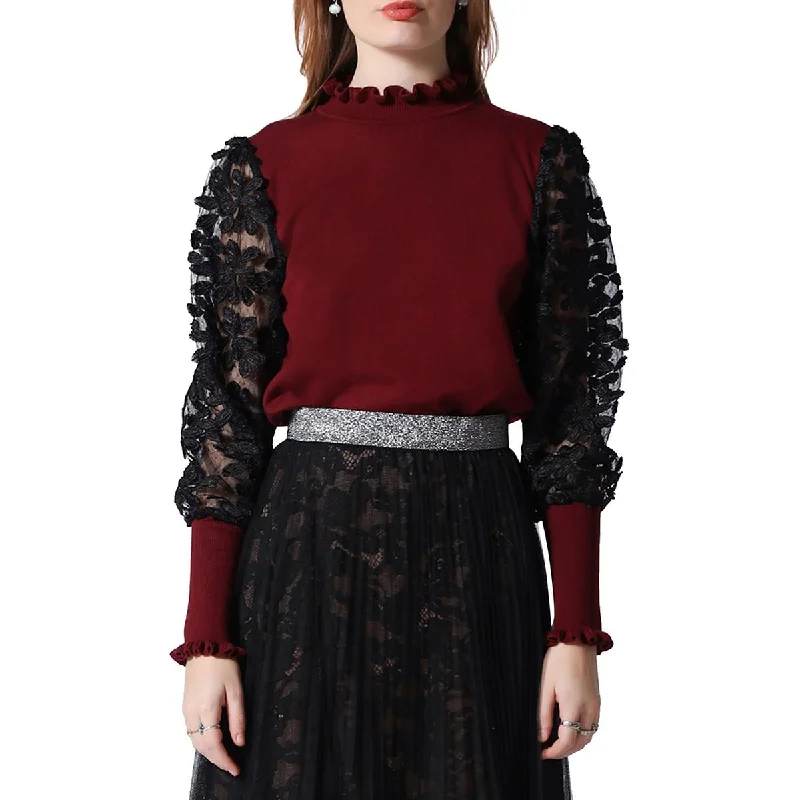 Womens Knit Sheer Sleeve Pullover Sweater Herringbone Houndstooth Plaid