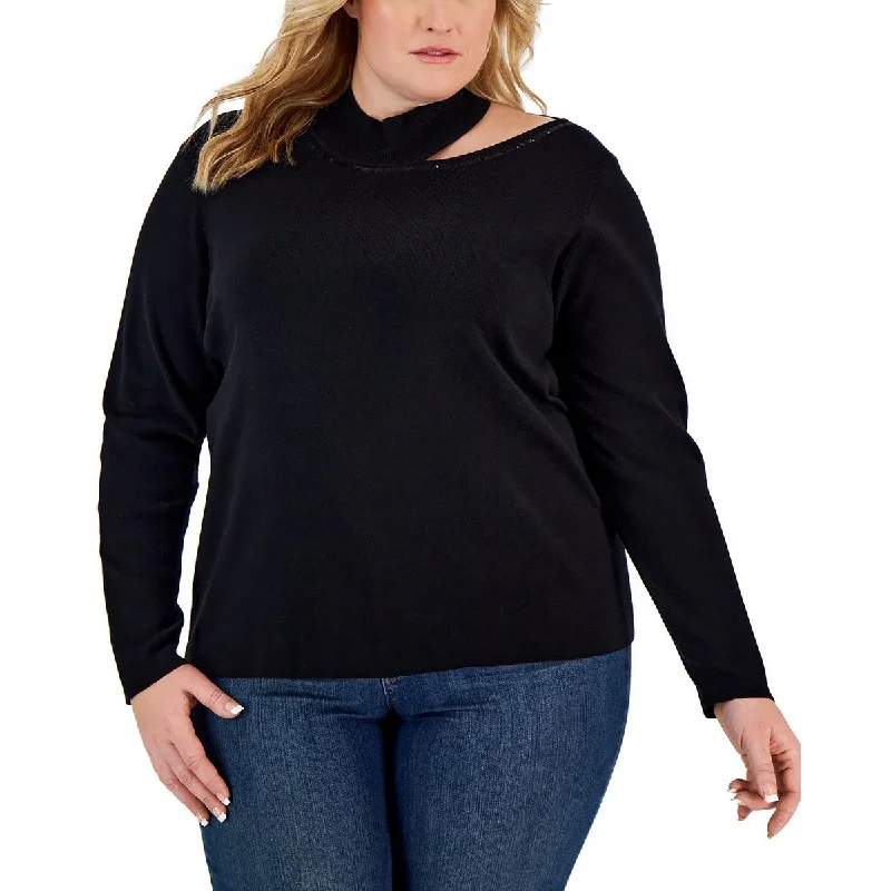 Plus Womens Sequined Mock Neck Pullover Sweater Embroidered Appliqued Beaded