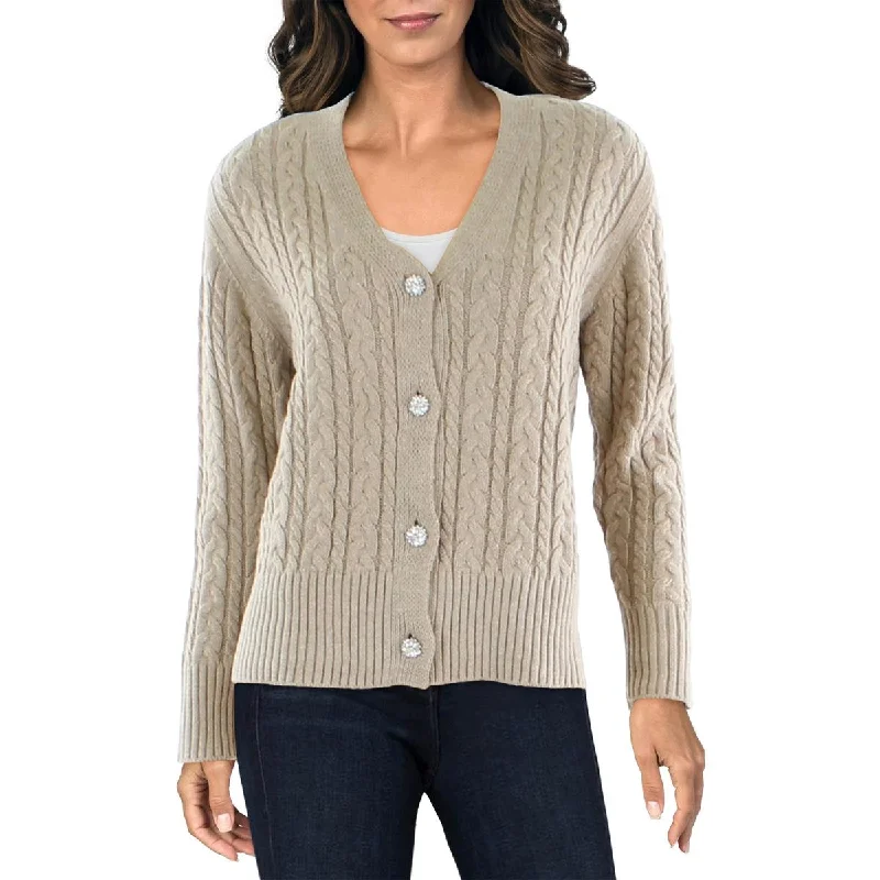 Womens Embellished Cable Knit Cardigan Sweater Plaid Sweater Polka Dot Checkered